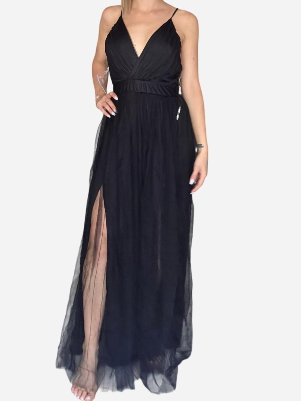 Black Spaghetti-Strap Maxi Dress with Side Slit
